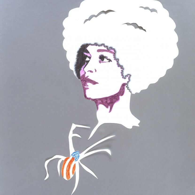 Evelyne Axell, « Angela Davis », 1972, Feutre et crayon sur papier découpé et collé sur papier métallisé, 80 x 64 cm