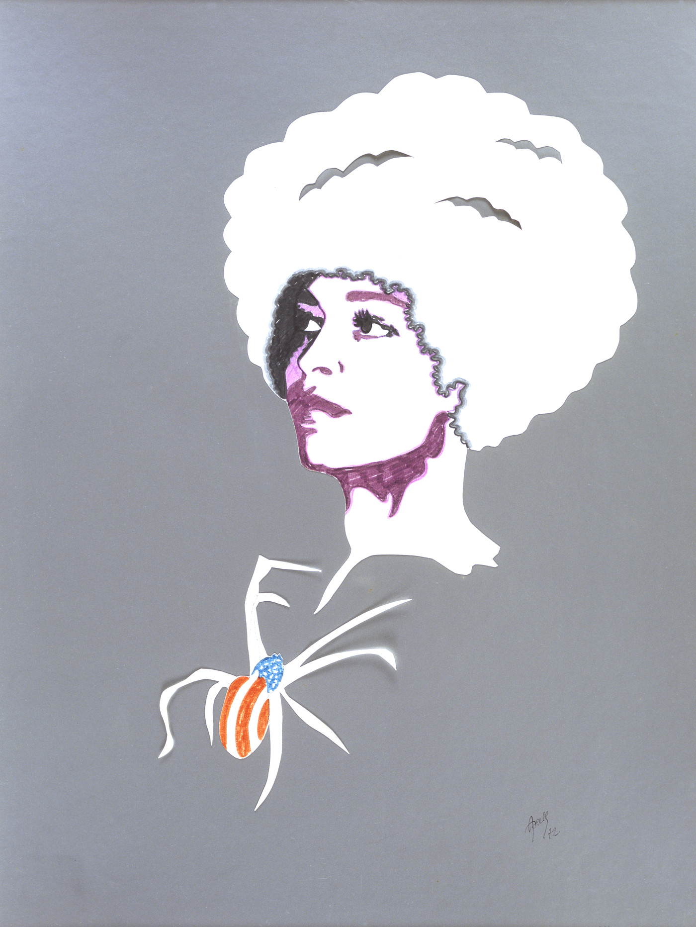 Evelyne Axell, « Angela Davis », 1972, Feutre et crayon sur papier découpé et collé sur papier métallisé, 80 x 64 cm