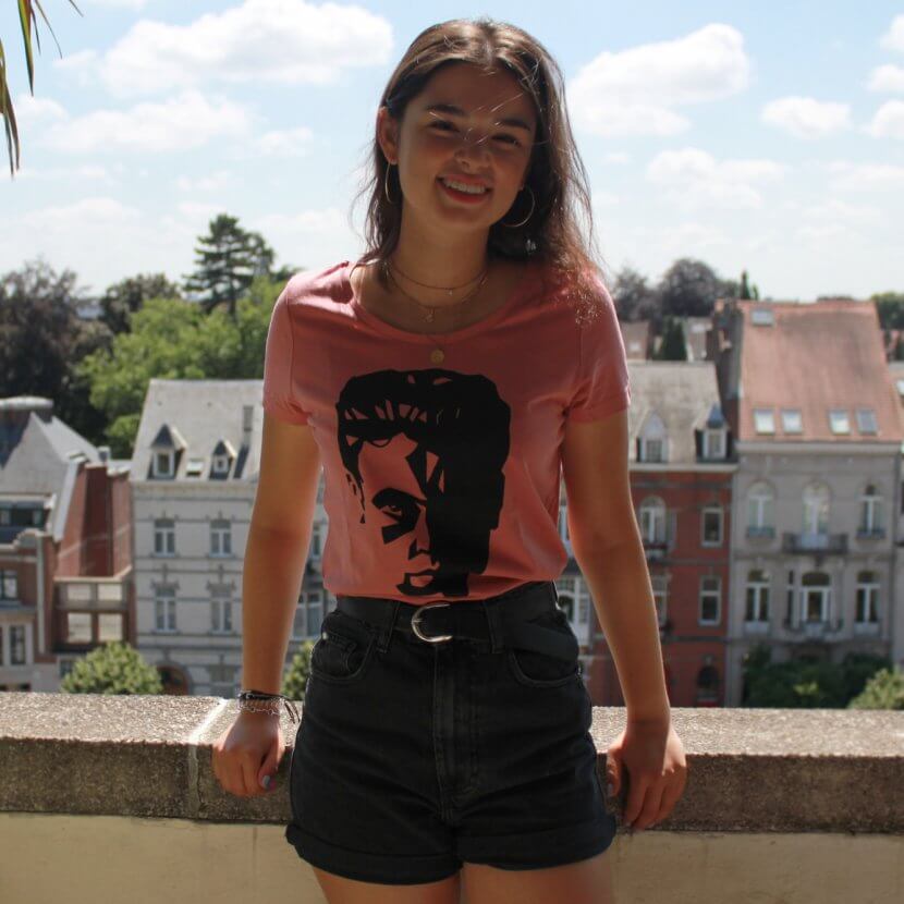 T-shirt femme rose coton bio imprimé artiste belge Victor Delhez