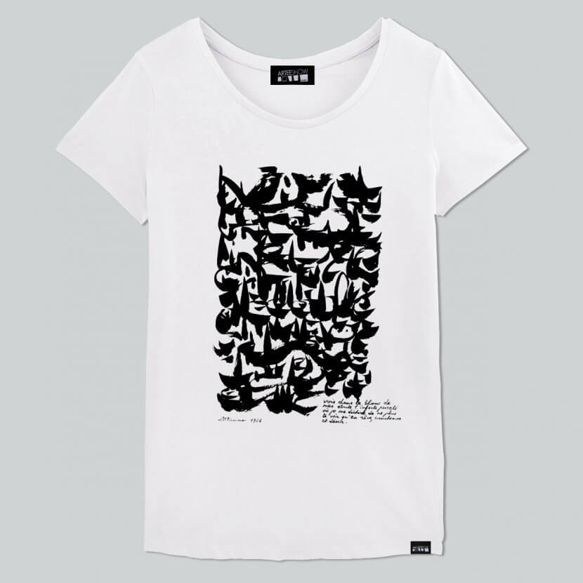 T-shirt femme blanc imprimé en Belgique inspiré de Christian Dotremont artiste et poète belge en coton biologique