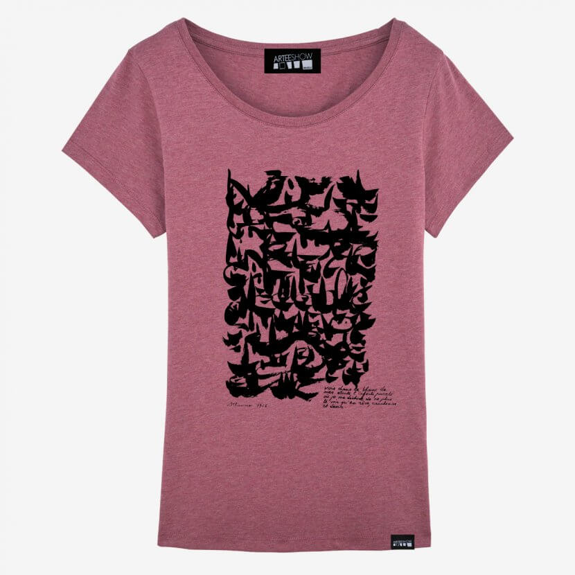 T-shirt femme rose framboise chiné imprimé en Belgique inspiré par Dotremont artiste belge